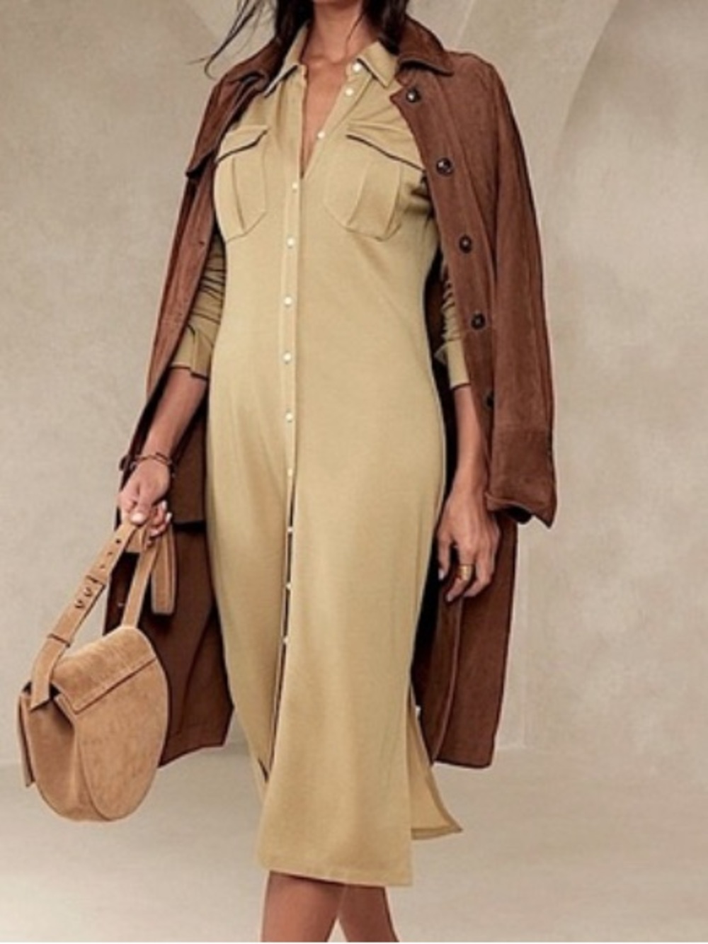 NWT Banana Republic Alegre  yButton-Front Shirt Dress in New Khaki Beige size L